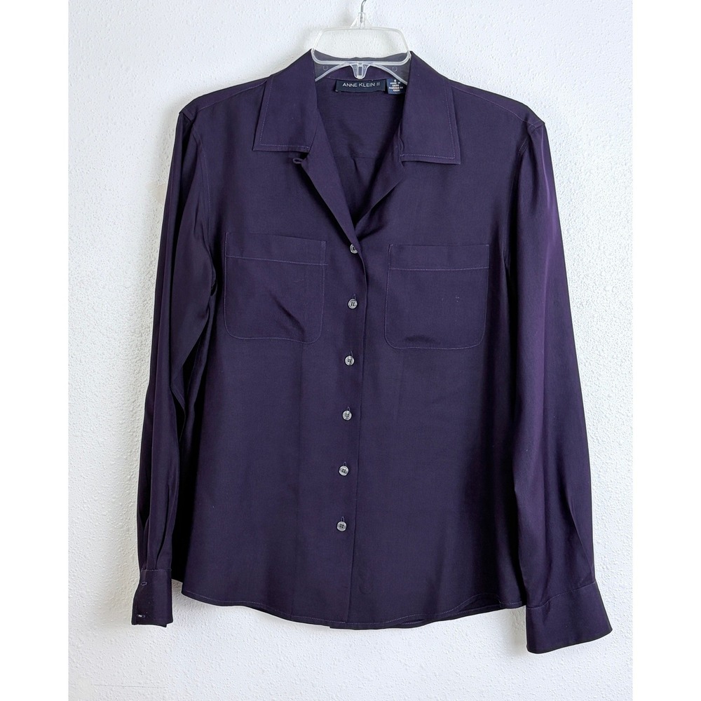 Vintage 90s Anne Klein II Silk Camp Shirt Plum Purple S Minimalist
